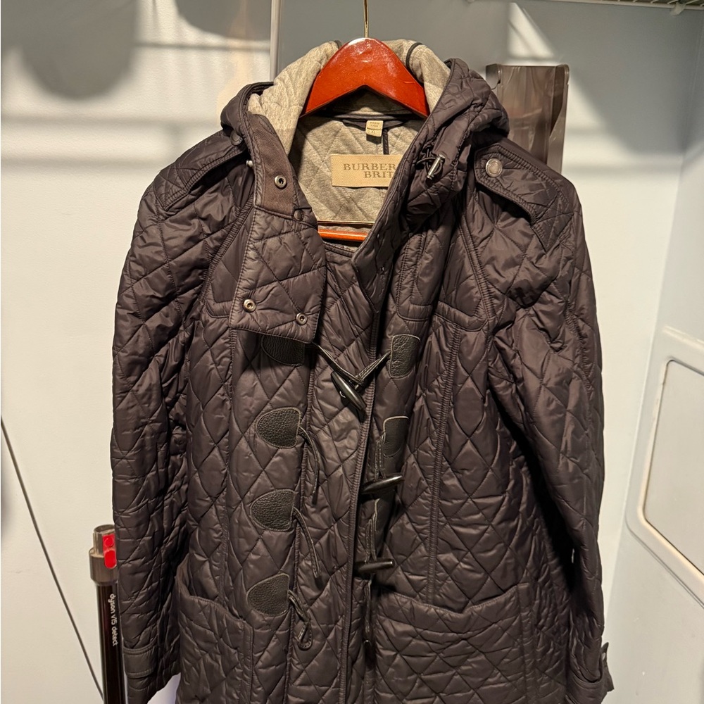 Excellent condition Burberry Brit black quilted coat with toggles and hood XL